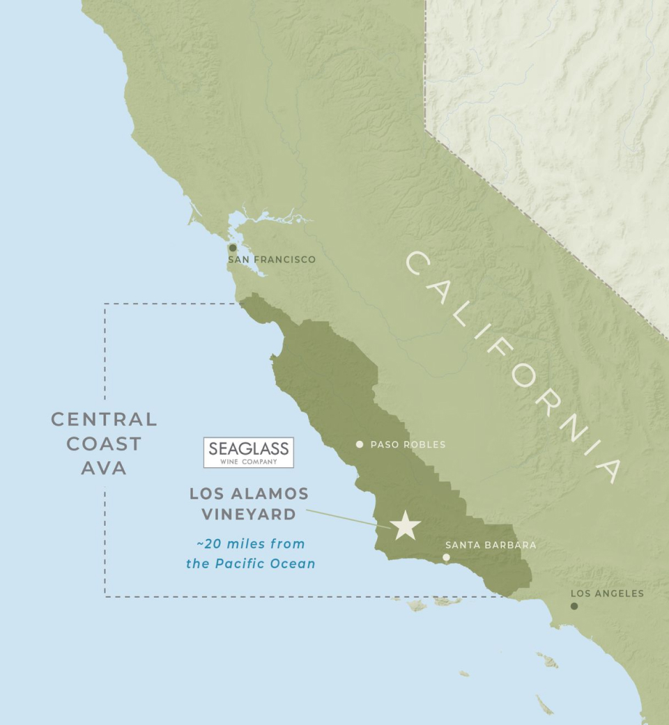 A map of California showing the position of Seaglass's Los Alamos Vineyard approximately 20 miles from the Pacific Ocean between Santa Barbara to the south and Paso Robles to the north, in the heart of the Central Coast AVA