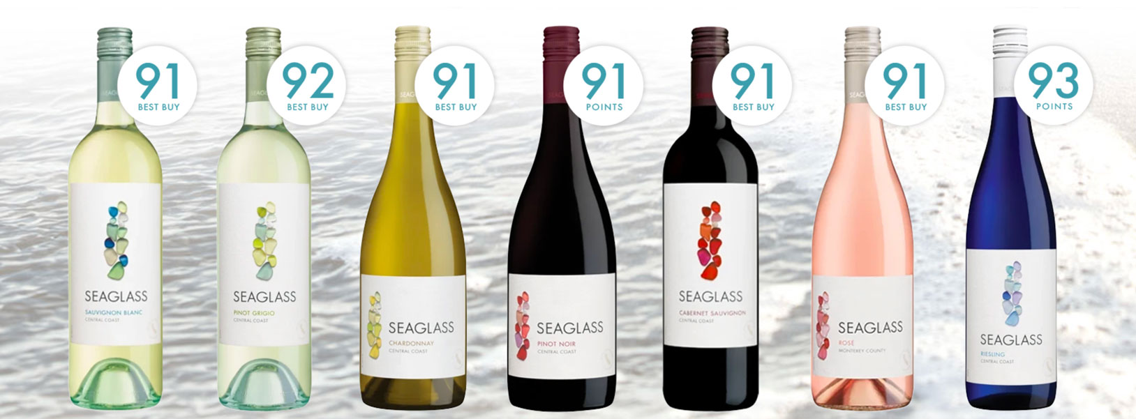 Seaglass's range of wines with score badges ranging from 91 to 93 points