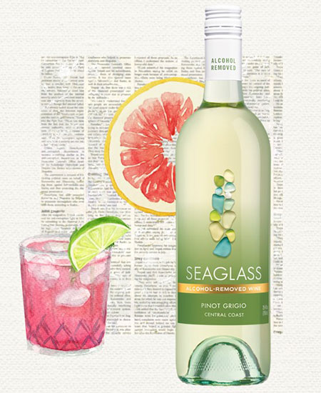 Illustration of the paloma mocktail next to a bottle of Seaglass alcohol-removed Pinot Grigio