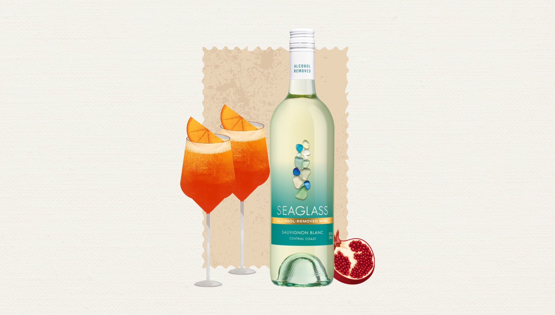 Illustration of sunset spritz mocktail next to a bottle of Seaglass alcohol-removed Sauvignon Blanc
