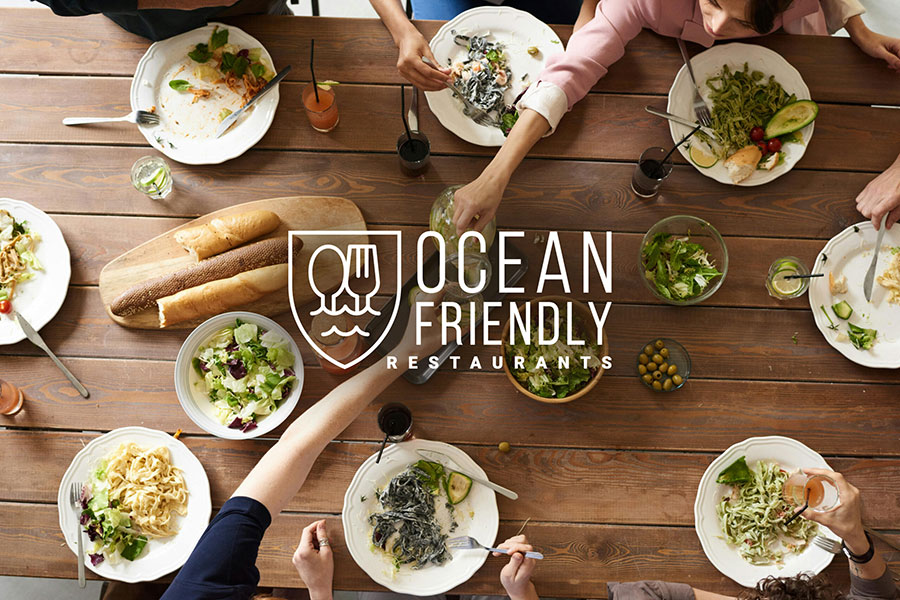 Overhead picture of a dinner table showing food and people eating with an 